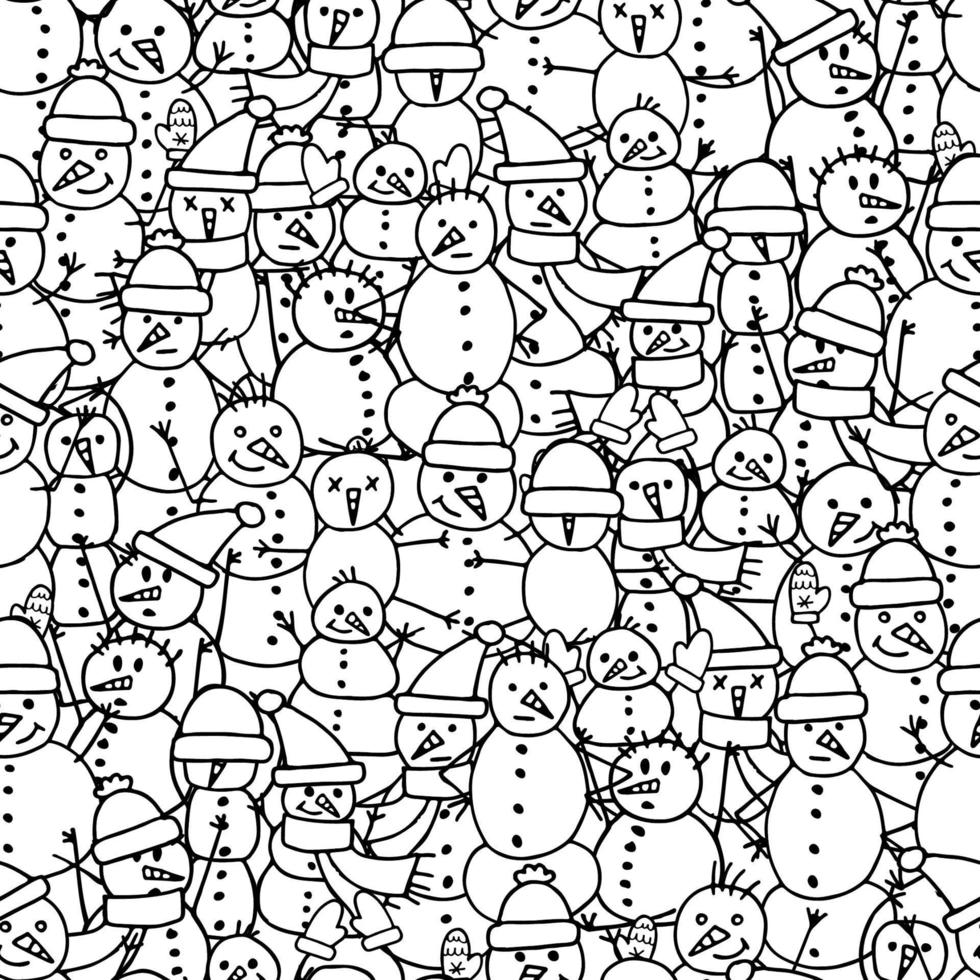 Seamless pattern in doodle style. Winter endless illustration is hand-drawn. Happy New Year 2022 and Merry Christmas. Black and white snowmen. vector