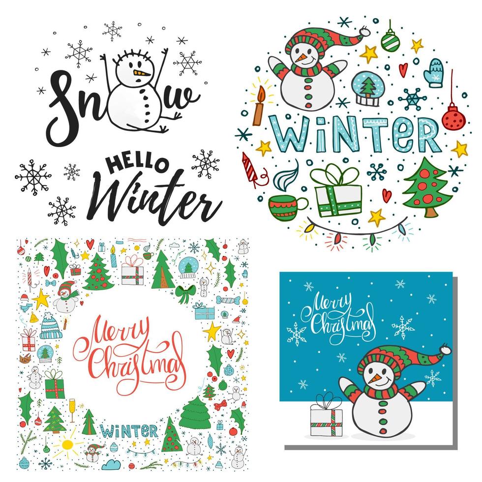 A set of 5 hand-drawn illustrations. A set of winter doodle elements with handwritten lettering. Merry Christmas and Happy New Year 2022. Hand-drawn doodle. vector