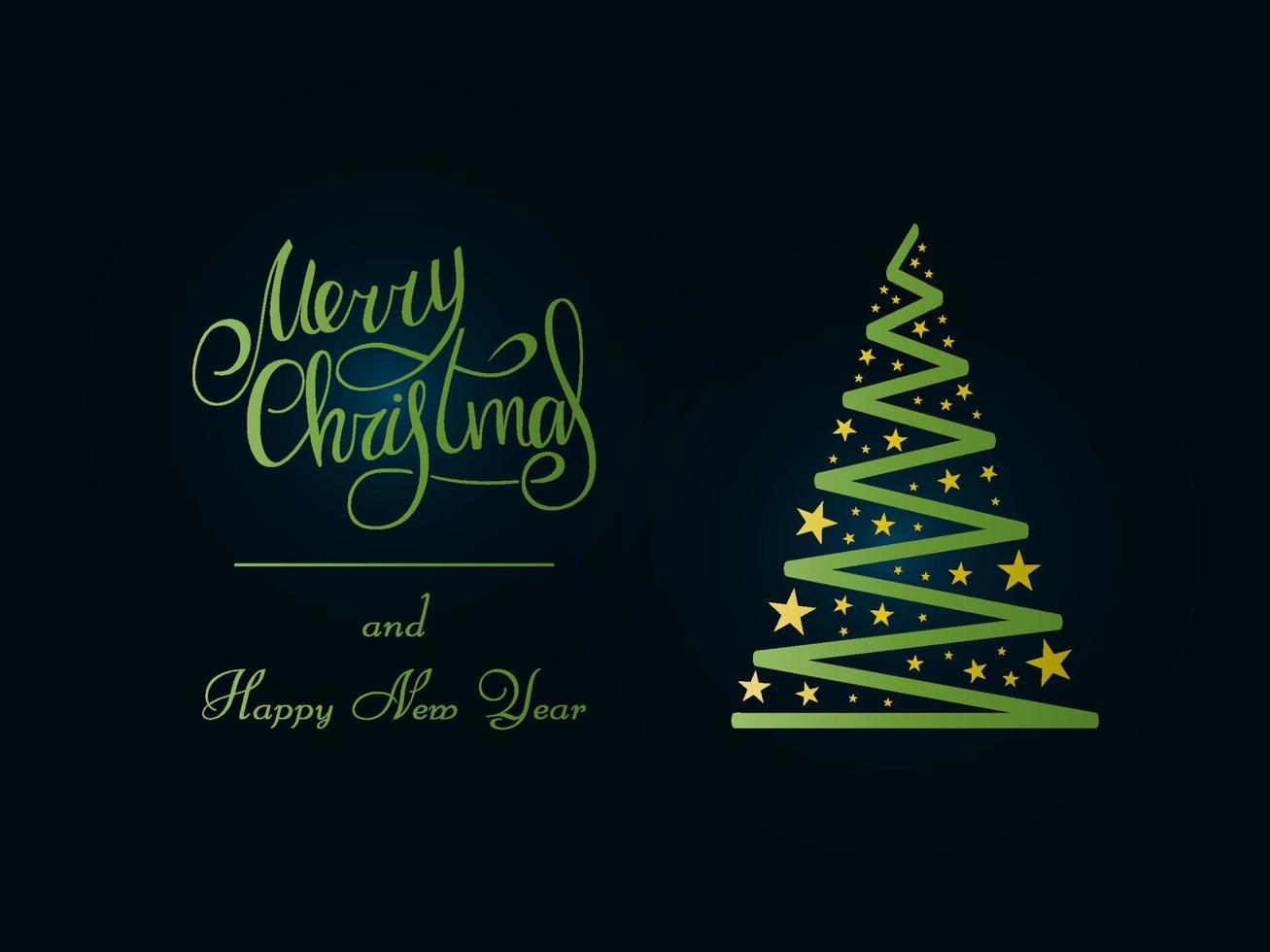 letras verdes escritas a mano sobre un fondo azul oscuro. árbol de navidad verde mágico con estrellas doradas. feliz navidad y próspero año nuevo 2022. vector
