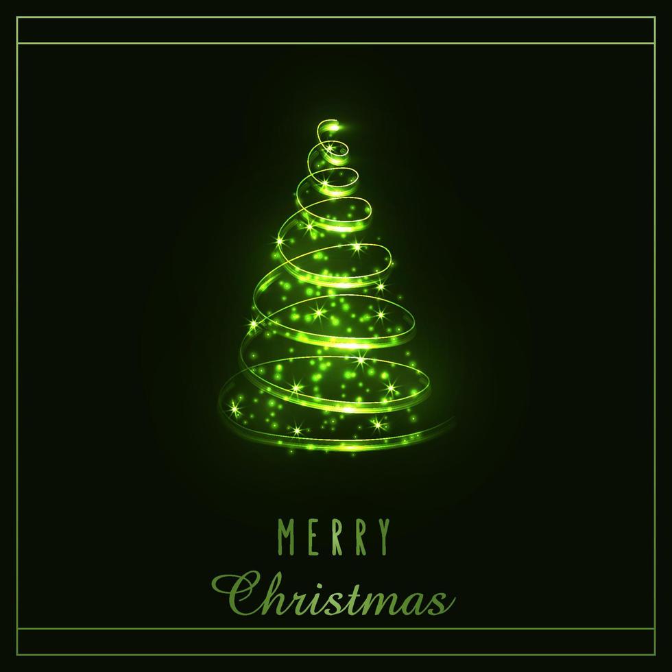 Glowing Magic Christmas Tree. Green twinkling wonderful lights. Merry Christmas and Happy New Year 2022. Vector illustration.