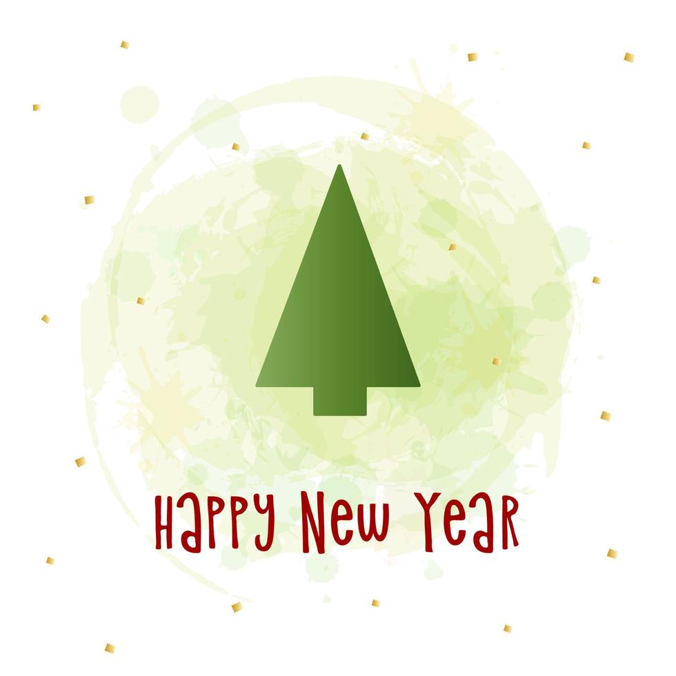 Green silhouette of a Christmas tree with golden snow on a watercolor background. Merry Christmas and Happy New Year 2022. Vector illustration.