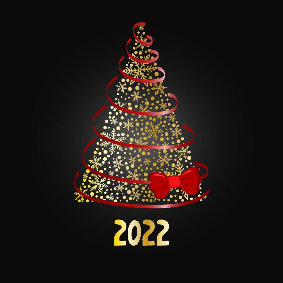 Magic lush golden Christmas tree of snowflakes with a red ribbon and a bow on a dark gray background. Merry Christmas and Happy New Year 2022. Vector illustration.