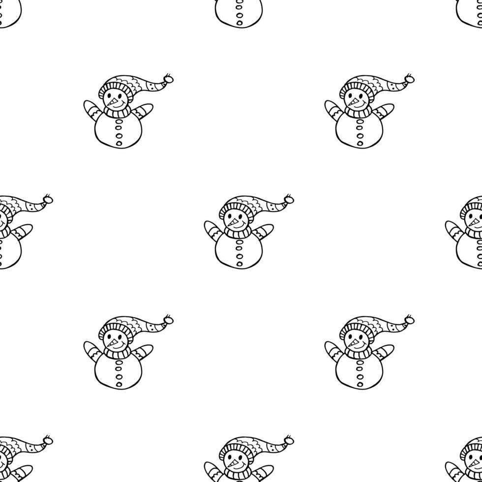 Seamless pattern in doodle style. Winter endless illustration is hand-drawn. Happy New Year 2022 and Merry Christmas. A black and white snowman in a hat and scarf on a white background. vector