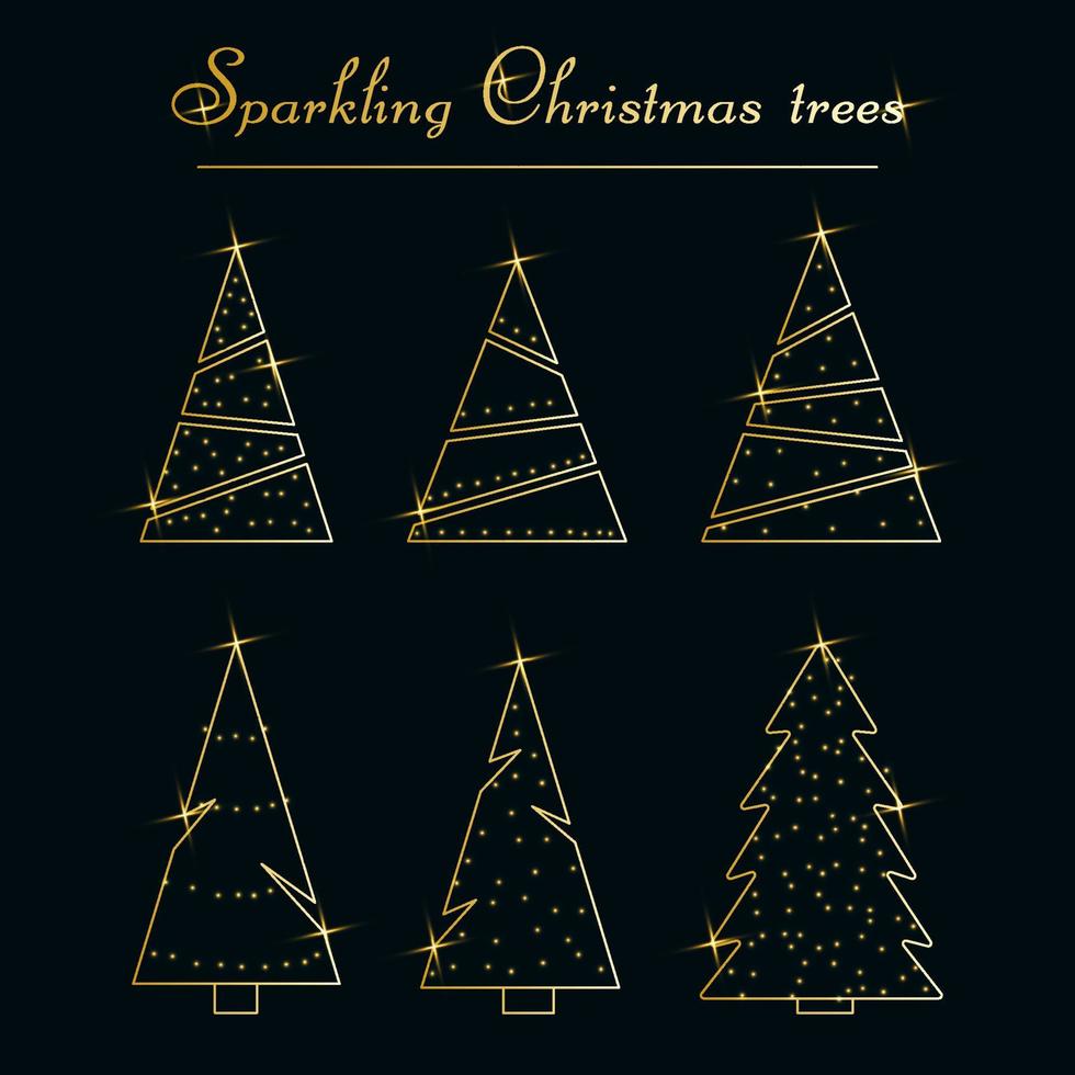 Sparkling Christmas Tree. Golden metallic set of 6 icons with dust. Merry Christmas and Happy New Year 2022. Vector illustration.