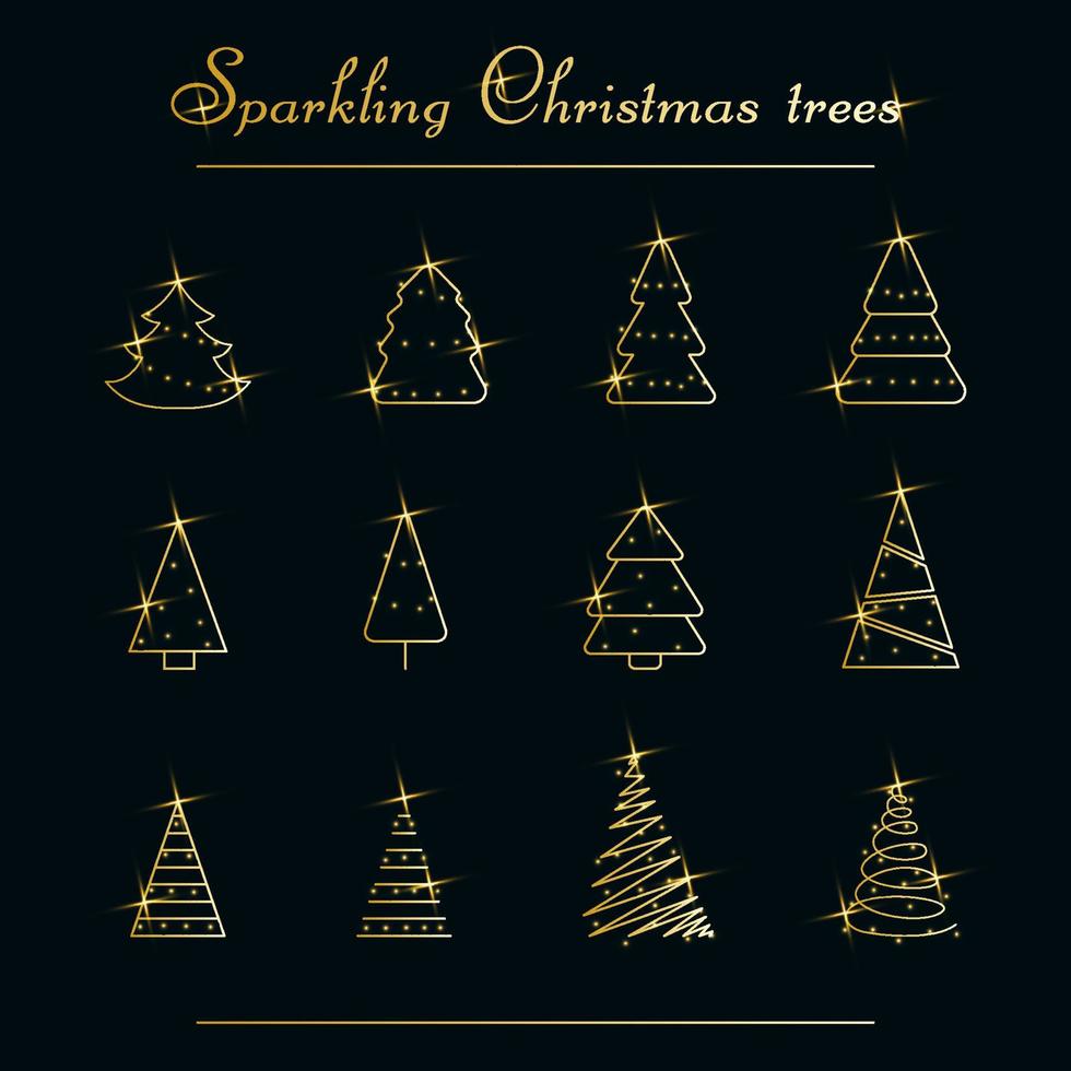 Sparkling Christmas Tree. Golden metallic set of 12 icons with dust. Merry Christmas and Happy New Year 2022. Vector illustration.