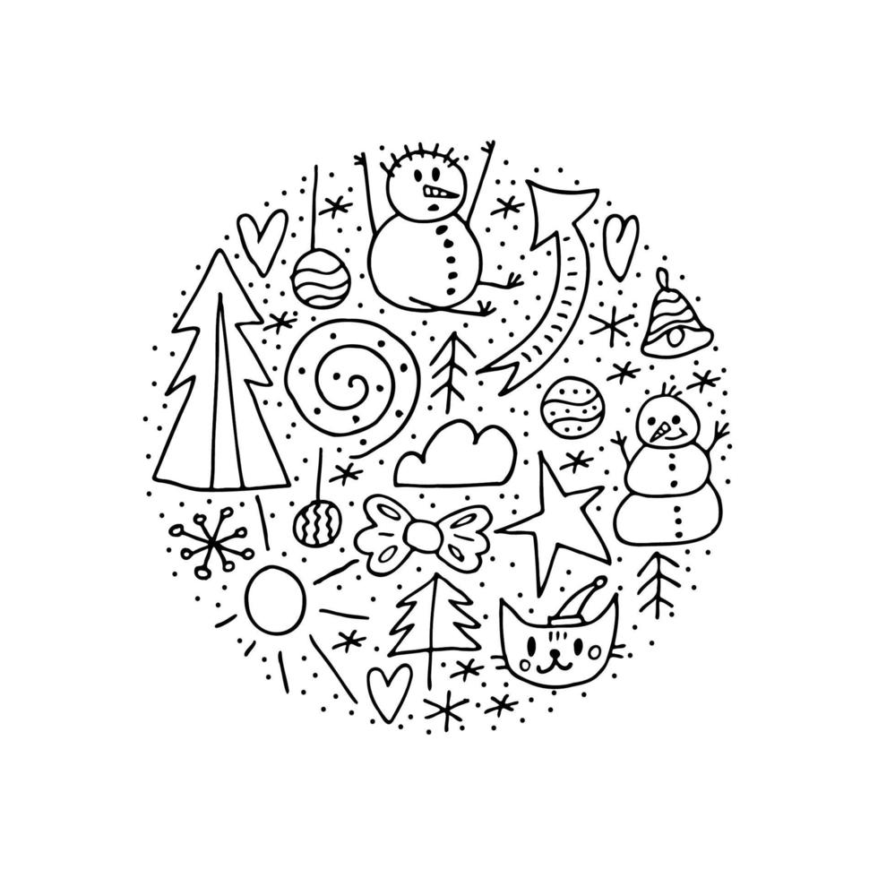 A set of doodle elements. Winter 2022. Circle of a hand-drawn winter objects on a white background. vector