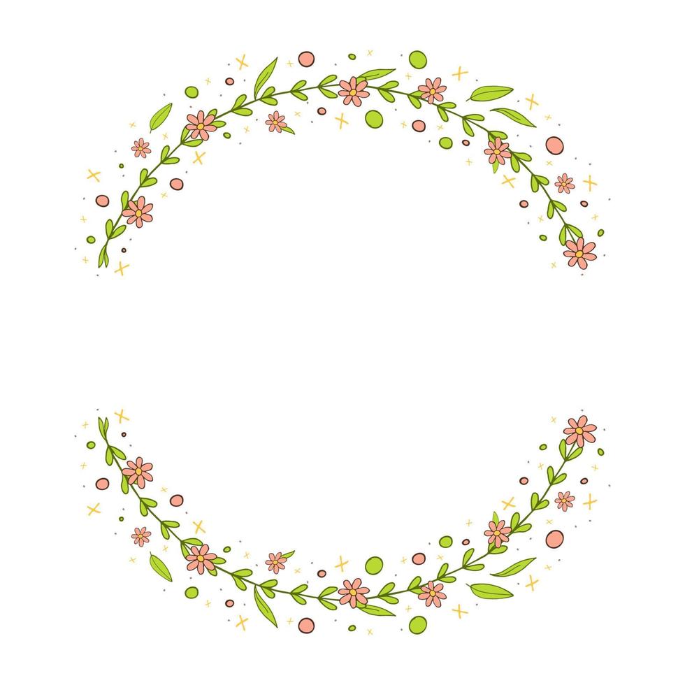 A frame of pink flowers with greenery. Floral arrangement in the shape of a circle. Vector illustration. On a white background.