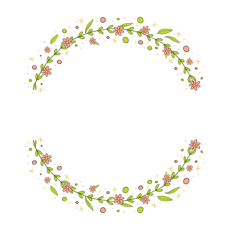 A frame of pink flowers with greenery. Floral arrangement in the shape of a circle. Vector illustration. On a white background.