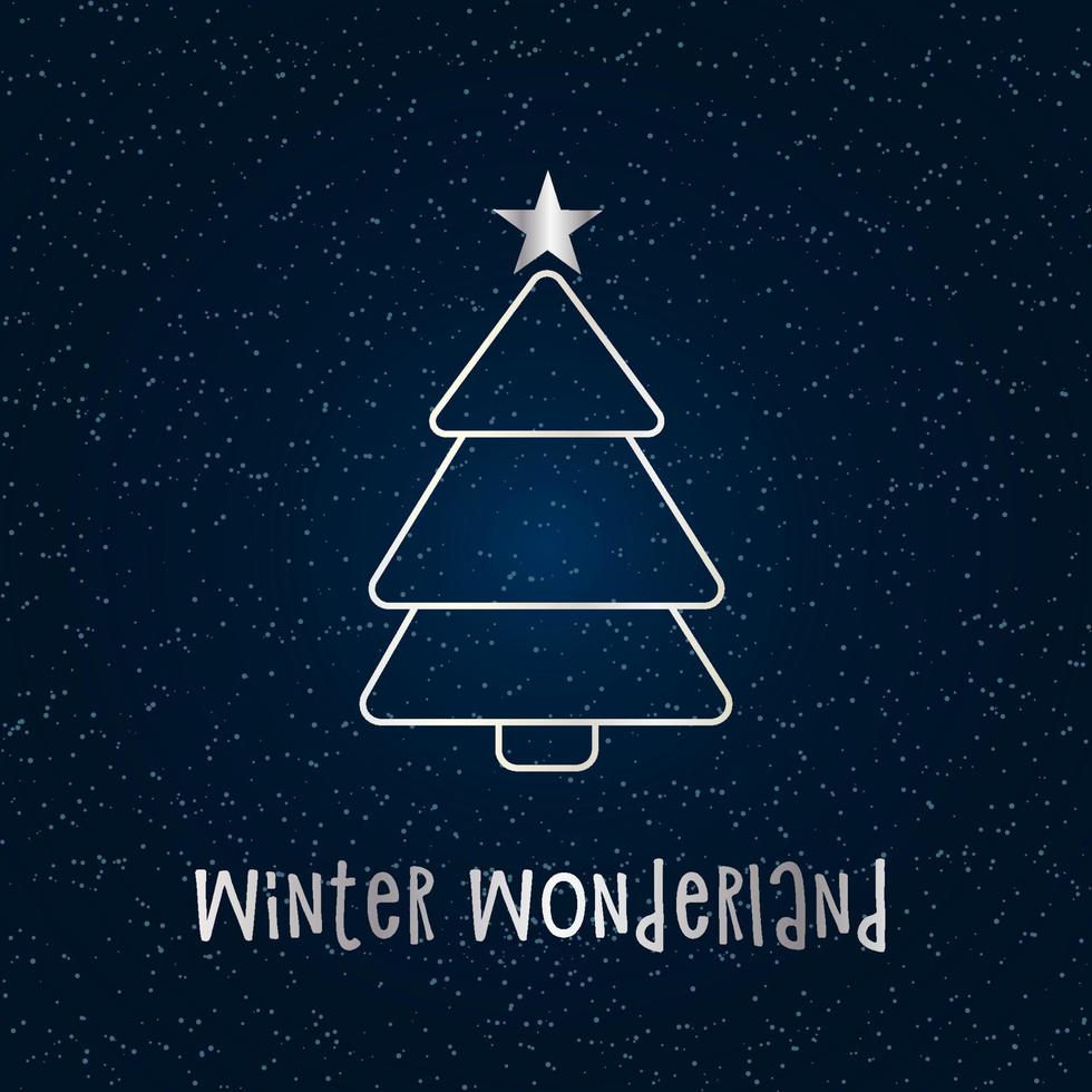 Silver silhouette of a Christmas tree with snow and star on a dark blue background. Merry Christmas and Happy New Year 2022. Vector illustration. Winter Wonderland.