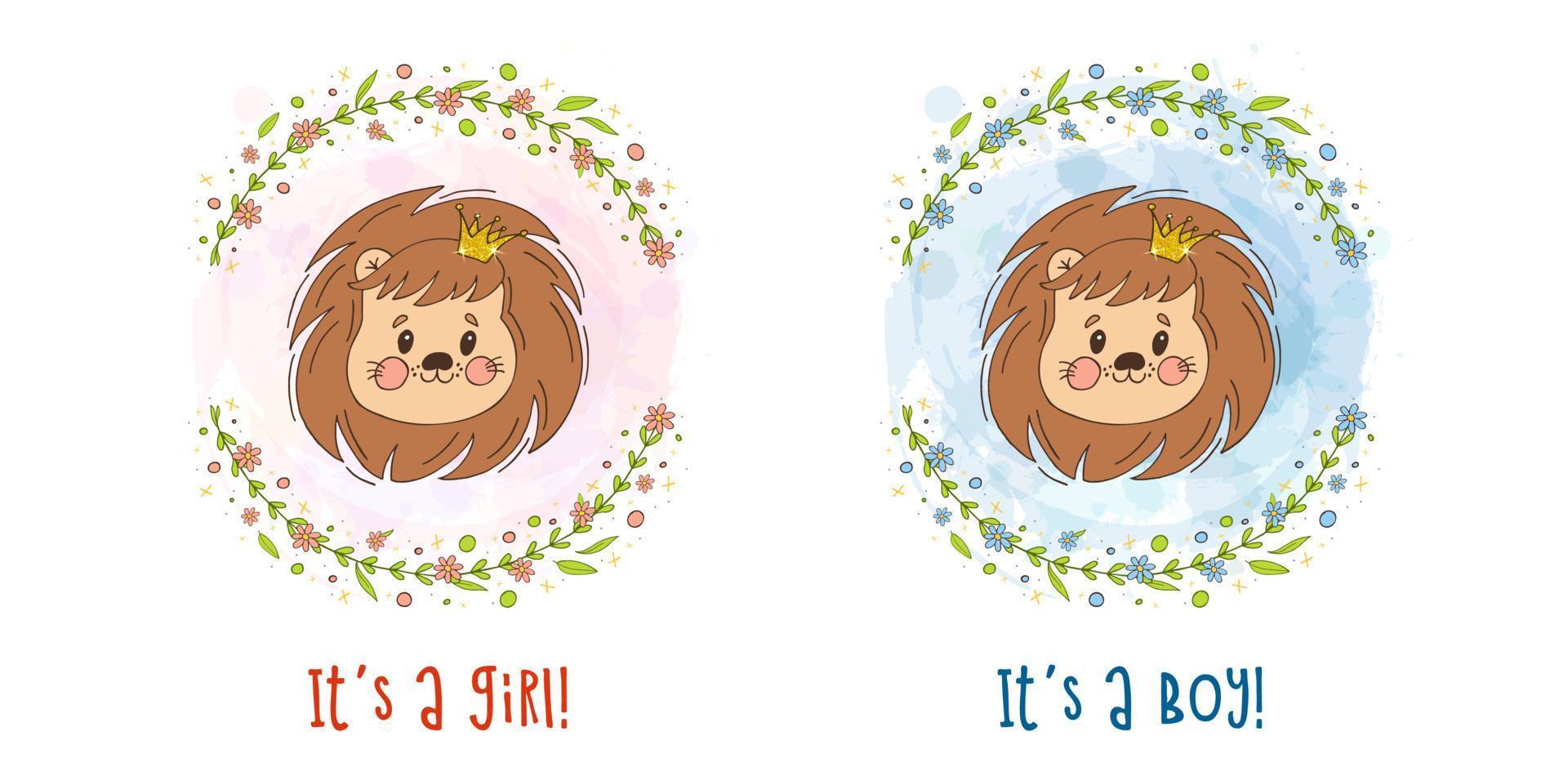 Cute lion cub winh gold crown on a pink and blue watercolor background with a flower frame. Hand drawn doodle vector illustration. It's a boy, it's a girl.
