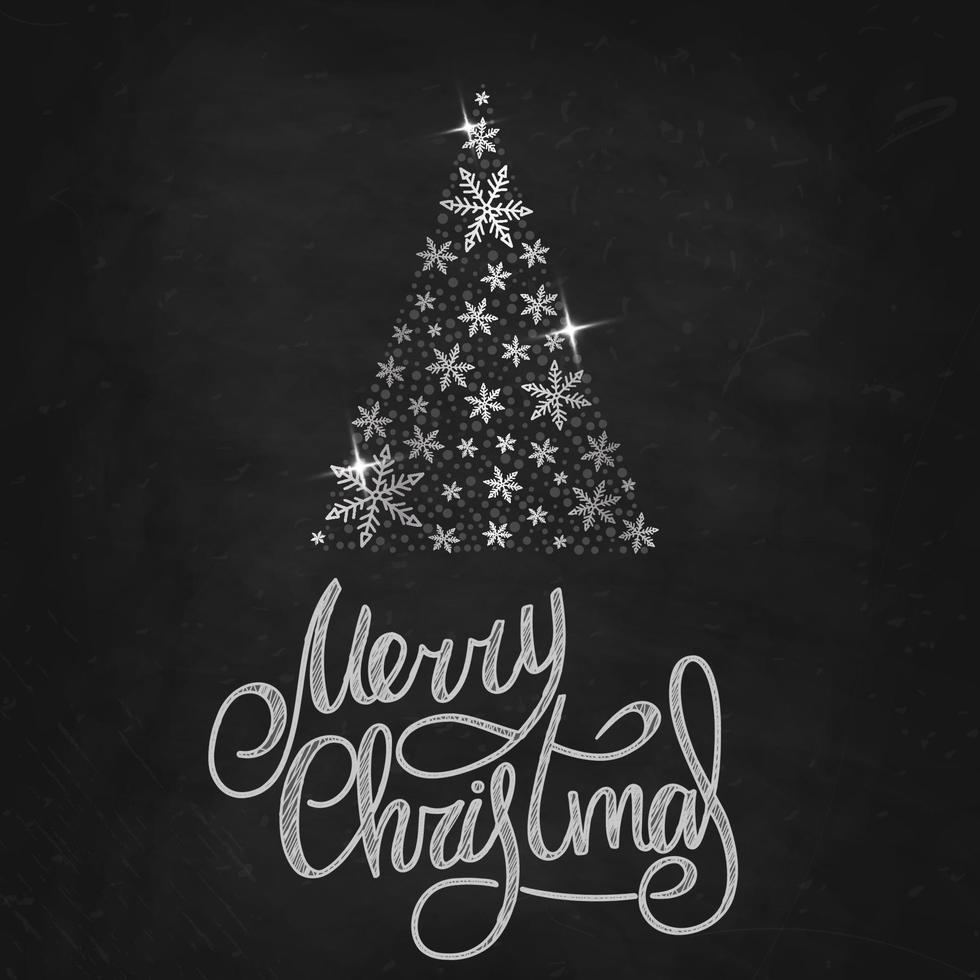 Merry Christmas. Handwritten lettering with a silver Christmas tree made of snowflakes on a black chalk board. New Year 2022. vector