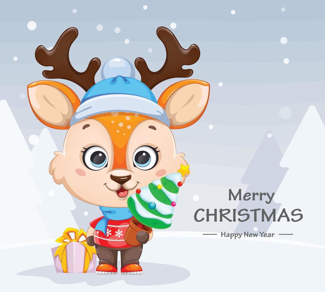 Cute baby deer holding Christmas tree vector