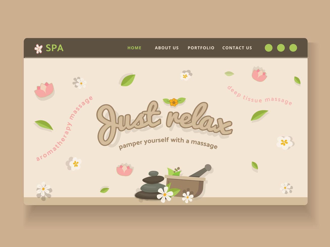 elegante plantilla de diseño de interfaz de usuario de página de destino de sitio web para marcas de spa y bienestar. ilustración vectorial de elementos y objetos de spa vector