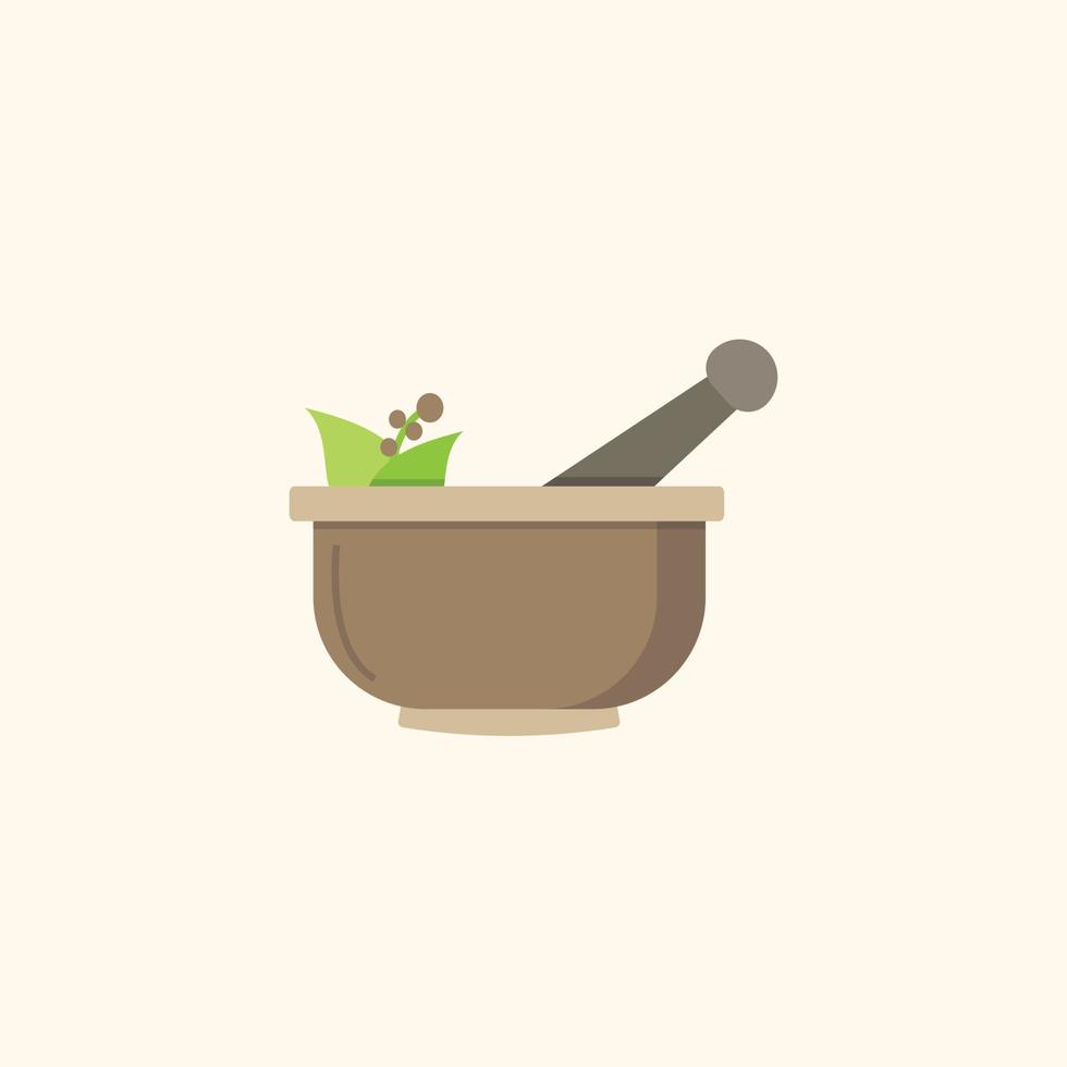 Mortar and pestle with herbs vector illustration for Ayurveda and spa concept design