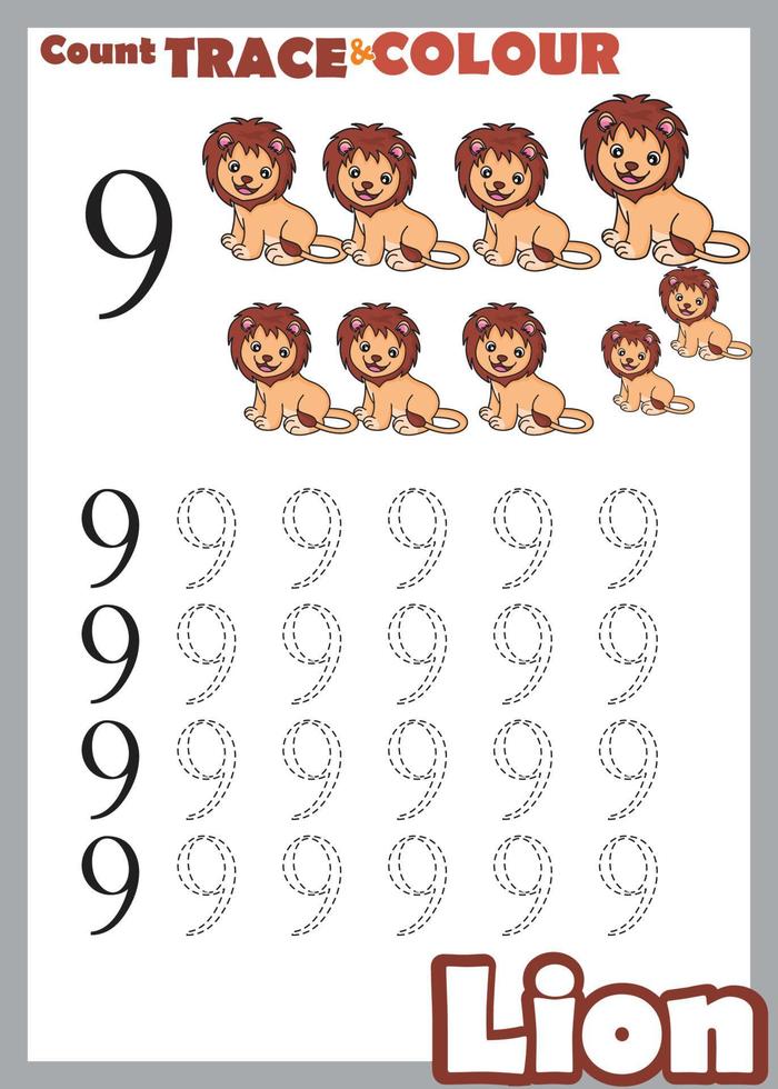 number trace and color lion number 9 vector