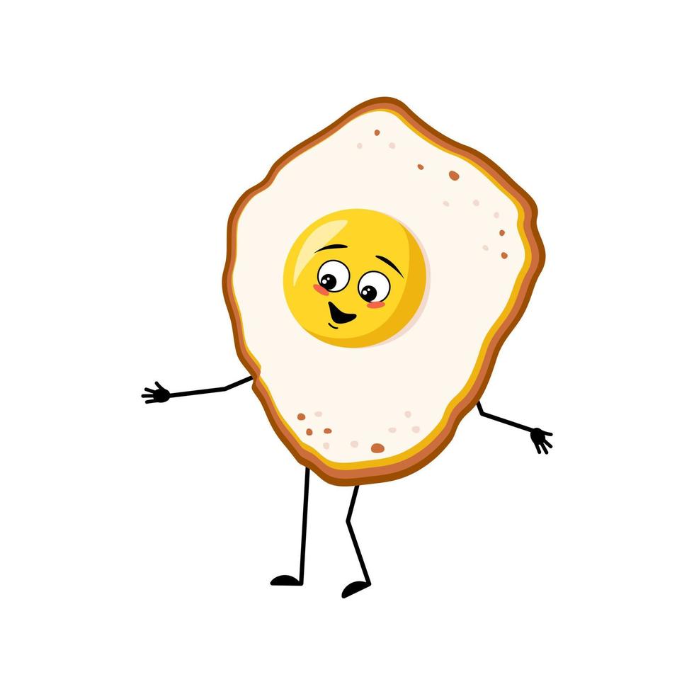 lindo personaje huevos revueltos con yema y proteína, con emociones alegres, cara feliz, sonrisa, ojos, brazos y piernas. comida divertida para el desayuno. vector ilustración plana