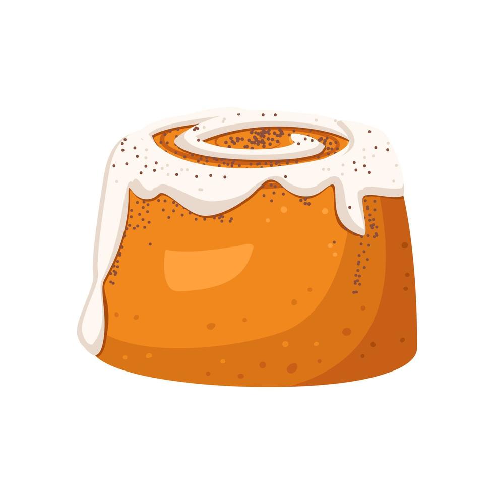 Cinnabon pastry bun icon with cream and cinnamon. Fresh bakery for breakfast or snack for tea and coffee. Vector flat illustration