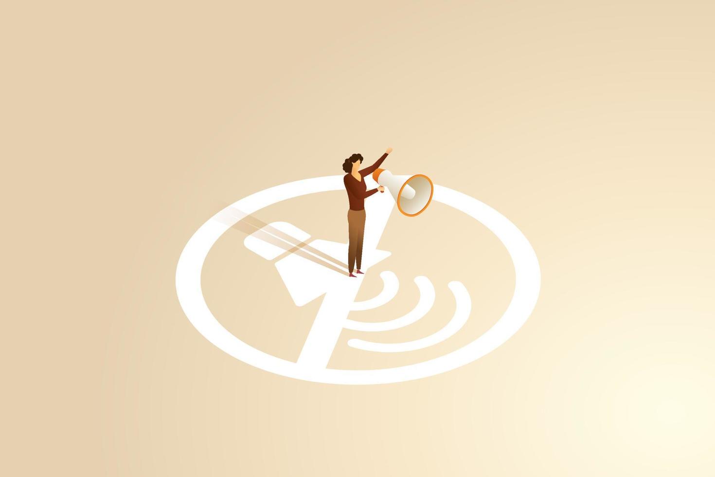 Woman holding a megaphone standing on a mute icon. vector