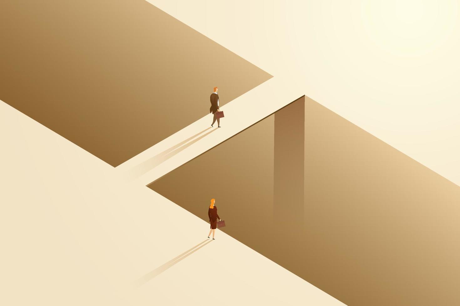 Businessman and businesswoman on different career paths and obstacles. vector