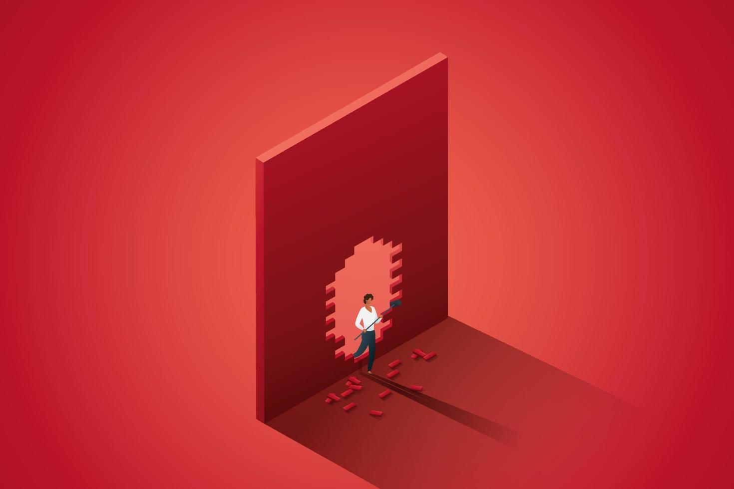 empresaria sosteniendo un martillo se encuentra frente a la pared roja romper un agujero. vector