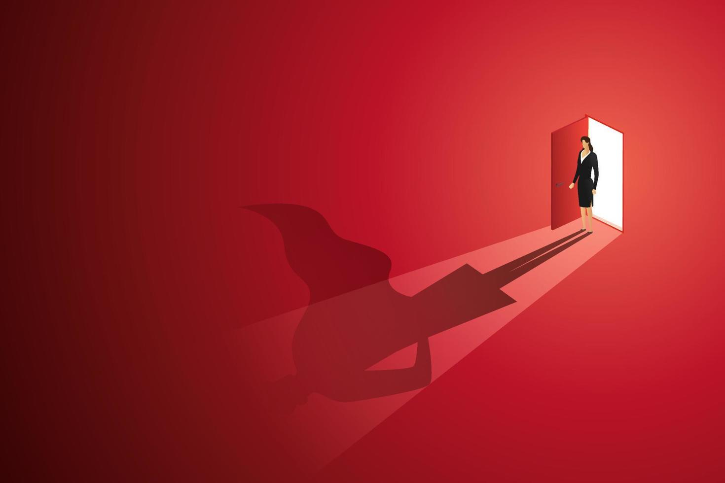 Businesswoman standing in front of an open door with a superhero reflection on the floor. vector