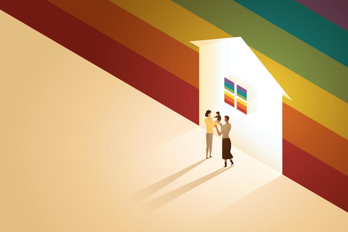 Lesbian bisexual couple parents stand in front of a glowing house on wall a rainbow. vector