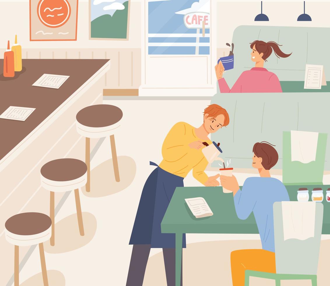 Coffee shop interior. Cafe guests and staff. vector