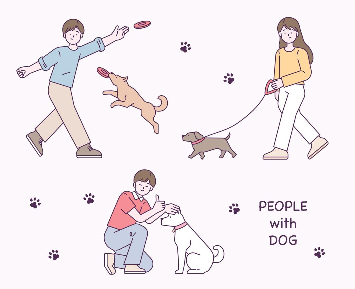 People are having a good time walking with their dogs. vector