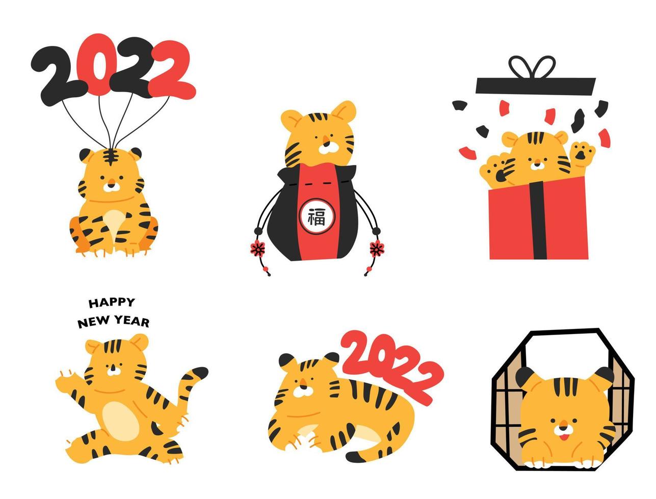 tarjeta de año nuevo. una colección de simpáticos personajes de tigre, el símbolo de 2022. vector