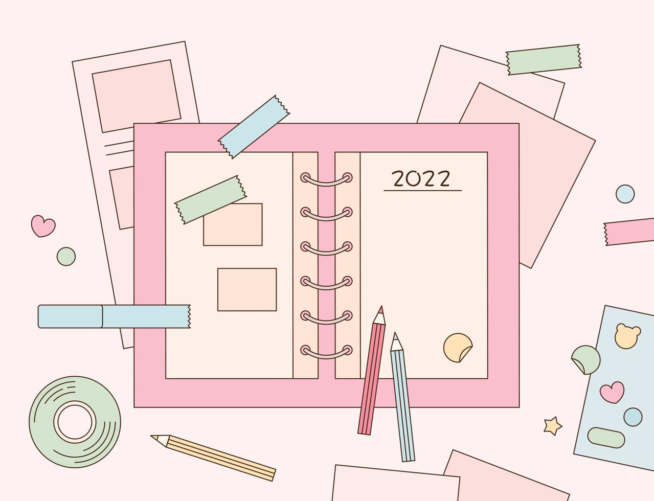 Diary and decoration stickers are scattered on the desk. pink background. vector