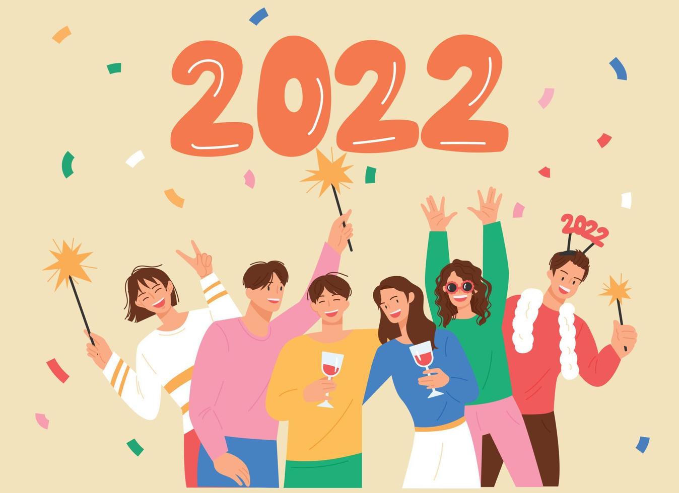 tarjeta de año nuevo. mucha gente está celebrando el año 2022. vector