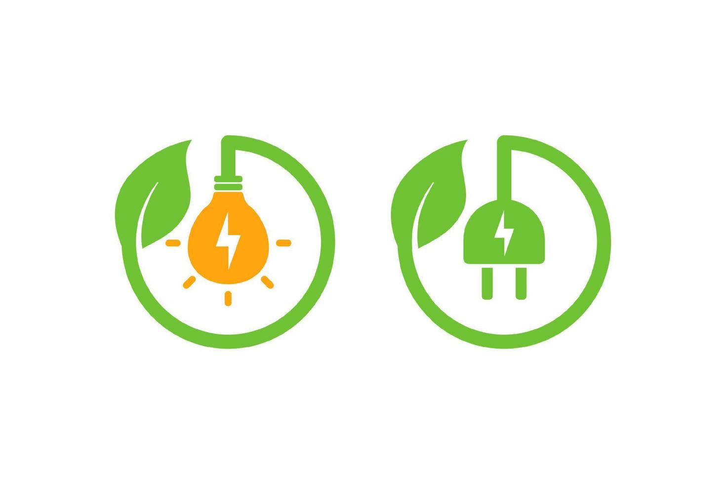 Diseño de vector de símbolo de icono de enchufe eléctrico verde ecológico con hoja. signos de iconos de energía verde eco con forma de bulbo.