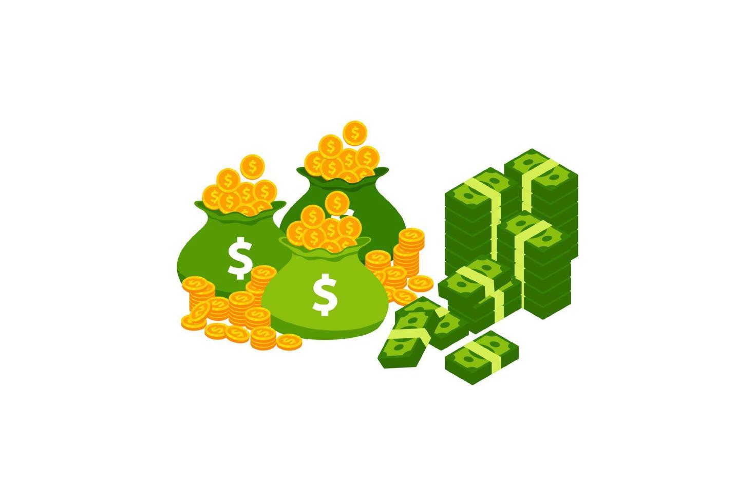 Pile of cash. A lot of money. Green banknote and coins vector icon illustrations