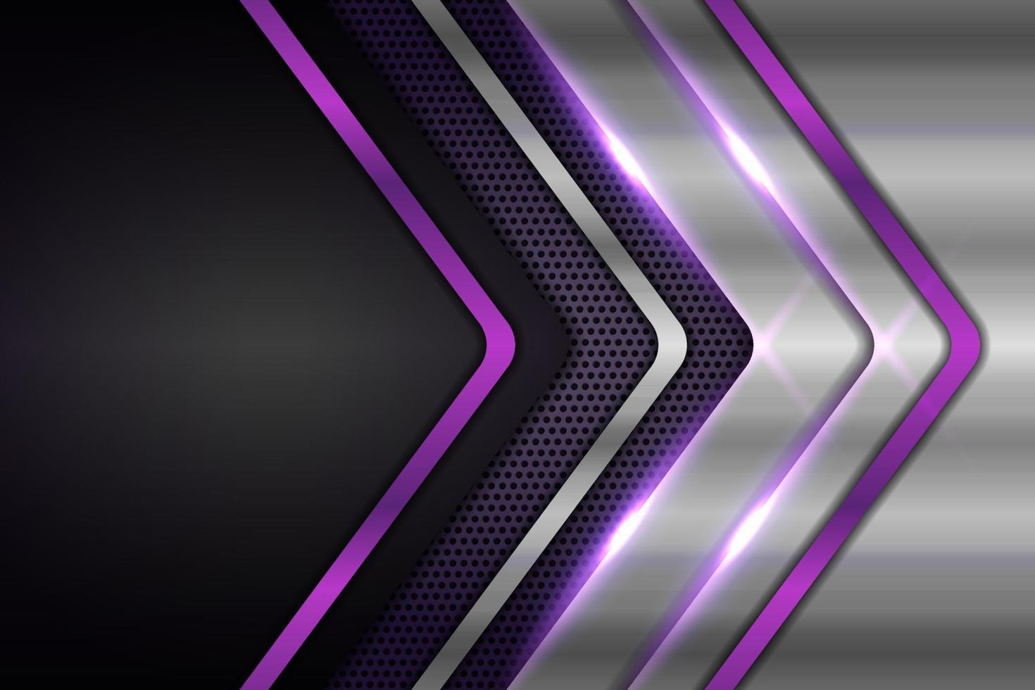 Abstract Modern Shiny Metallic Geometric Overlapped Arrow Silver with Glow Purple Background vector