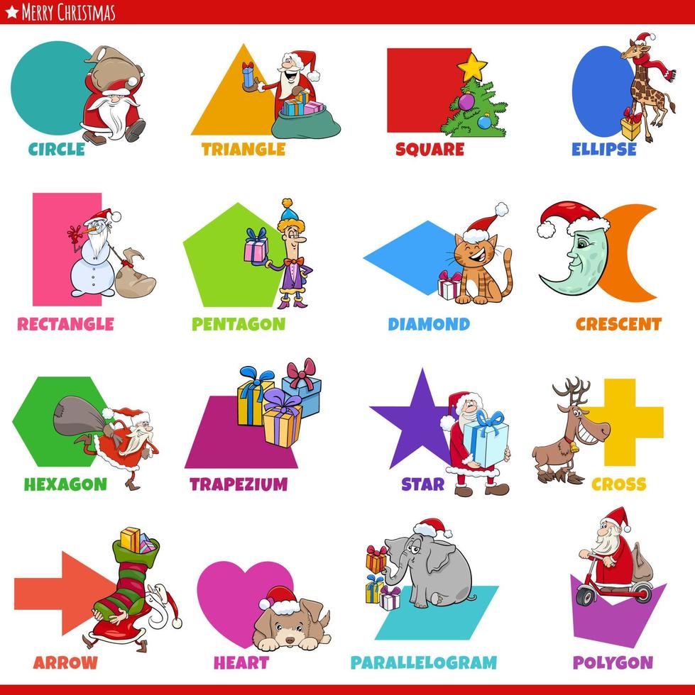 basic geometric shapes with comic Christmas characters set vector