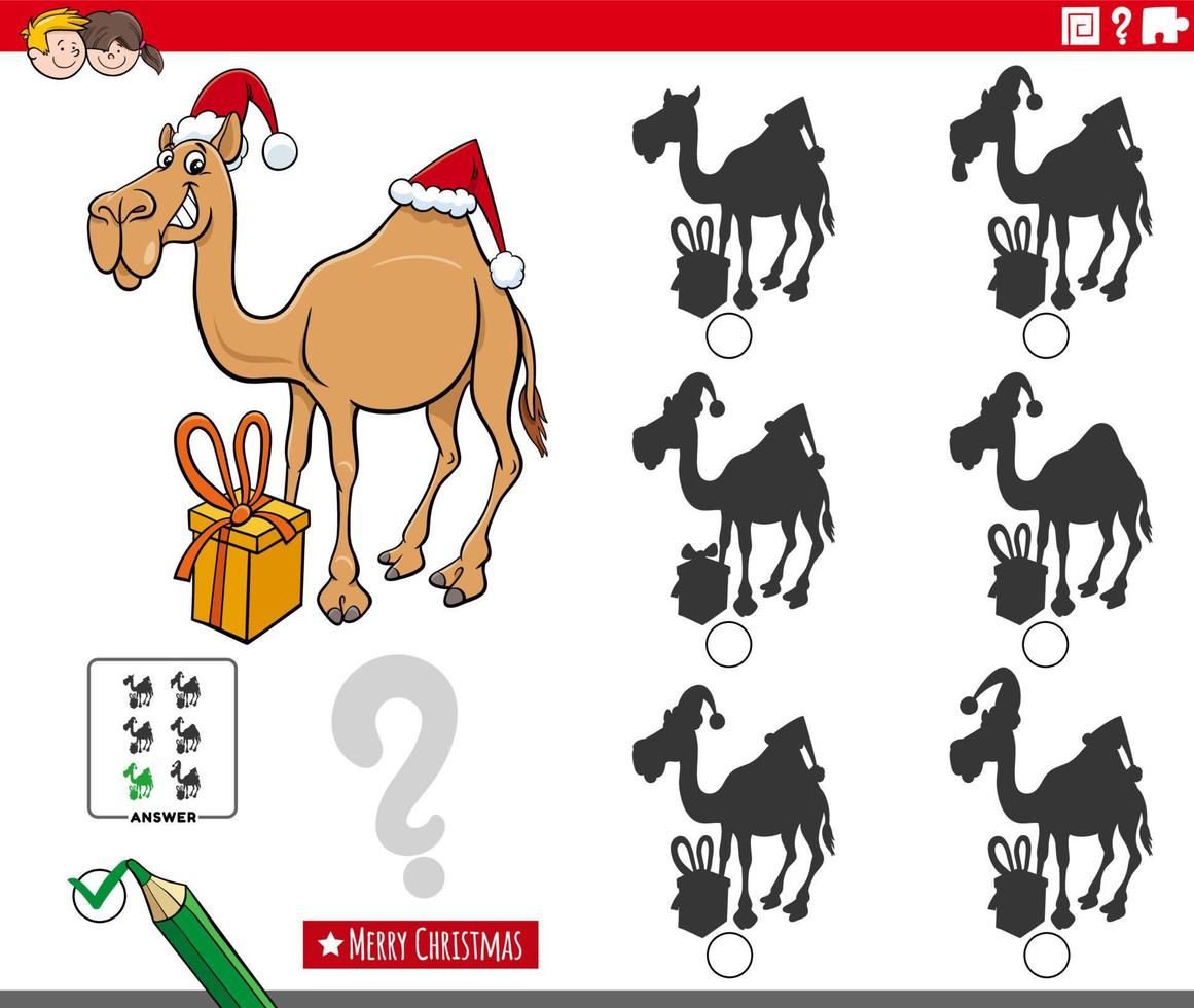 shadows game with cartoon camel character on Christmas time vector