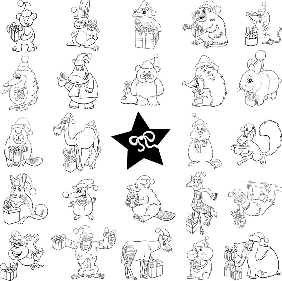 black and white cartoon animal characters on Christmas big set vector