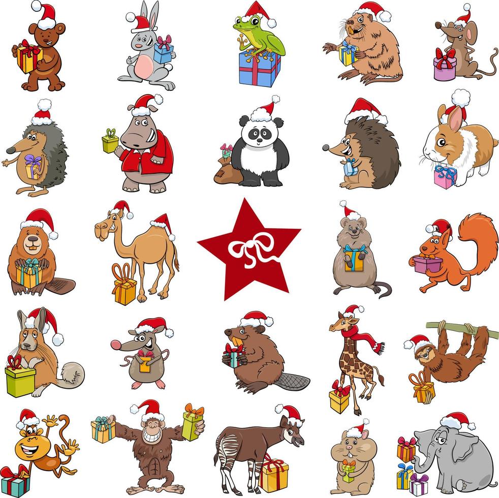 cartoon animal characters with presents on Christmas big set vector