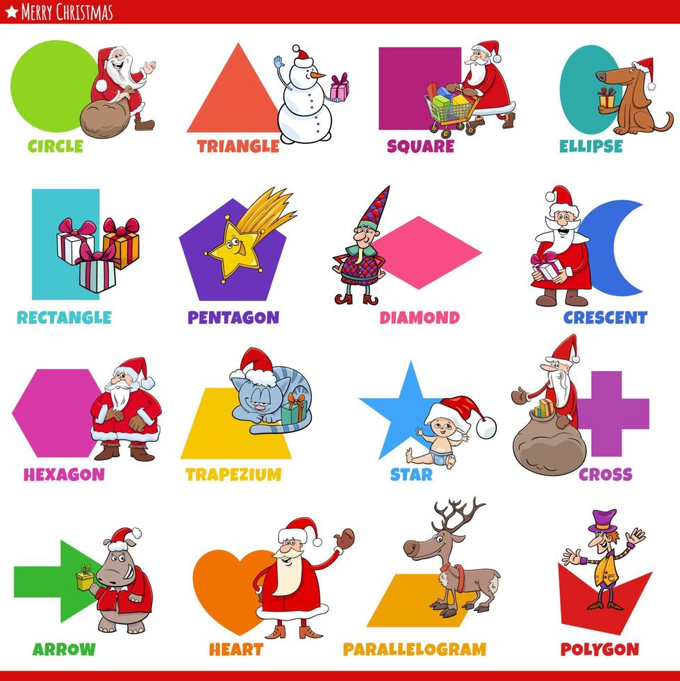 basic geometric shapes with cartoon Christmas characters set vector