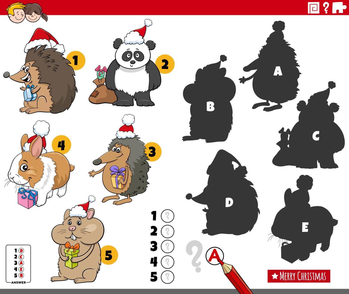 shadows game with cartoon animal characters on Christmas time vector