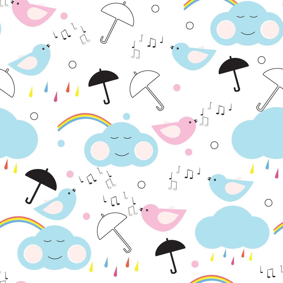Seamless pattern with rainbows and happy clouds with cute singing birds. For textile, paper, packaging. Vector pattern.