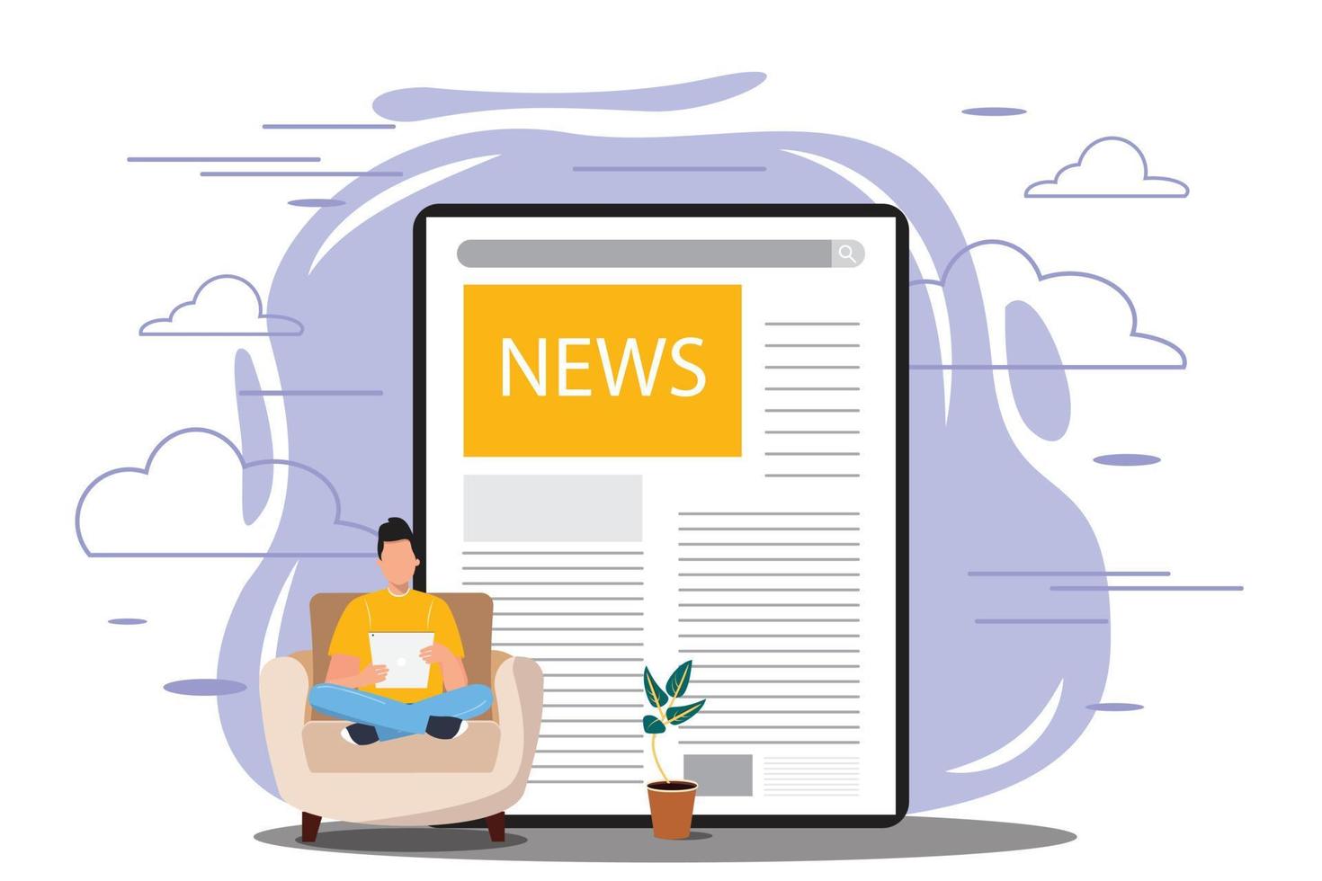 joven leyendo noticias de una tableta. Ilustración abstracta con un hombre sentado en el sillón y leyendo noticias en casa. concepto de noticias en línea. vector