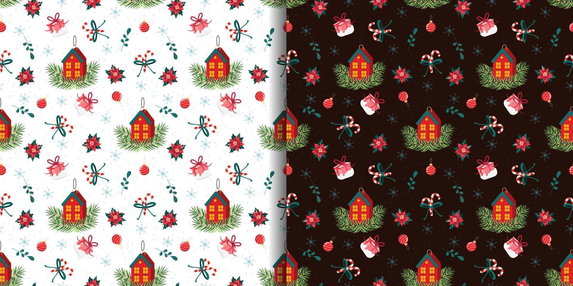 patrones de navidad. Navidad, año nuevo de patrones sin fisuras con lindas casas, caramelos, poinsettia, cajas de regalo y adornos para árboles de Navidad. para papel de regalo, papel tapiz, textil, fondos. vector