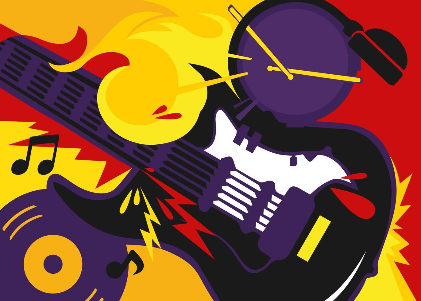 Banner de música rock con guitarra y tambor. vector