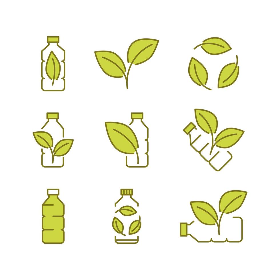 Recycle plastic bottle. Biodegradable icons. Icons of plastic bottle with green leaves. Eco friendly compostable material production. Zero waste, nature protection concept vector