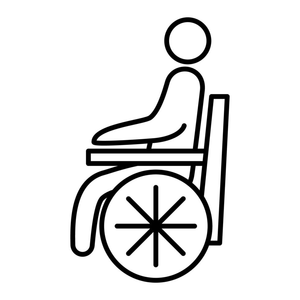 icono de línea de paciente discapacitado. símbolo de la persona en silla de ruedas. hombre discapacitado describe el icono de vector. se puede utilizar como señal de baño o señal de transporte vector