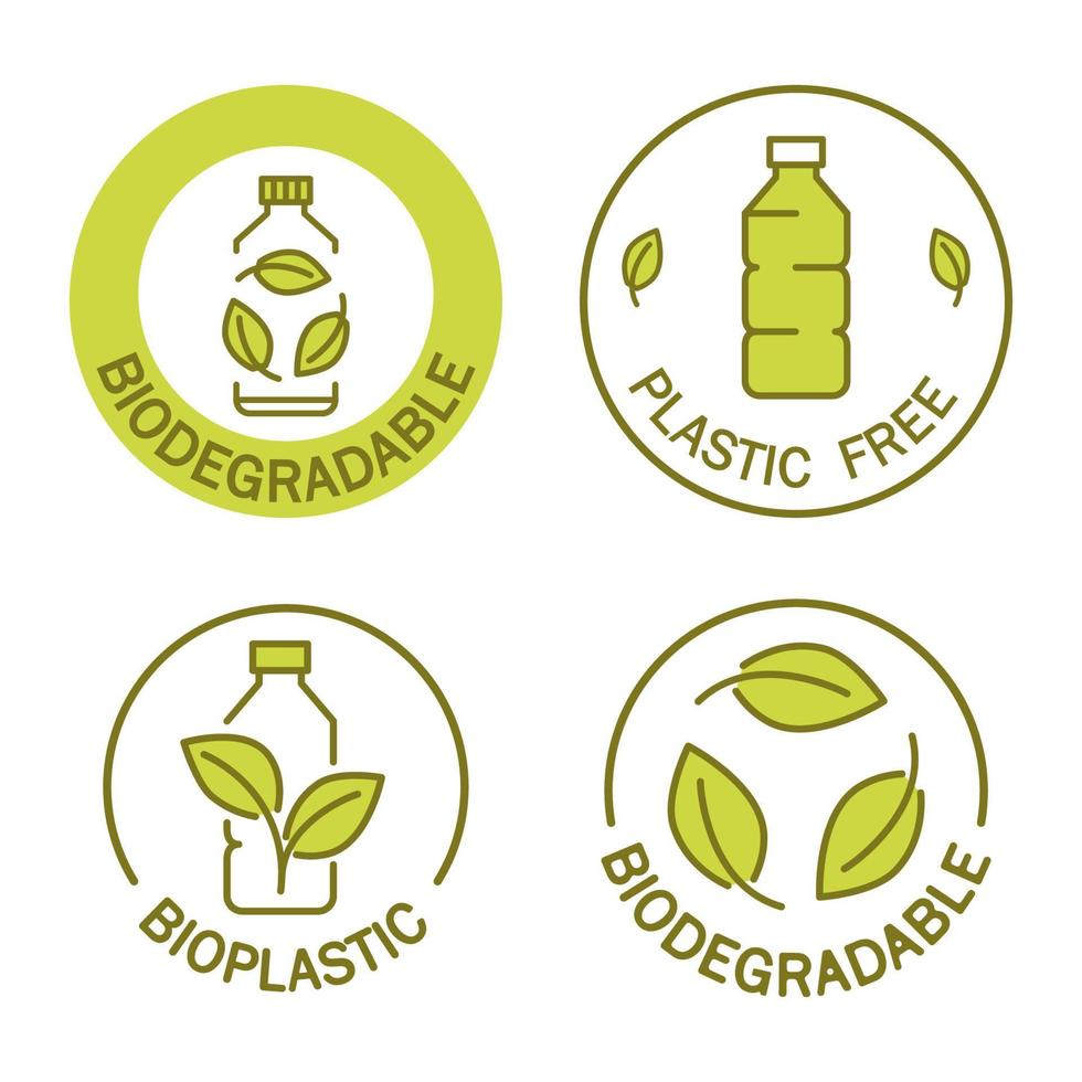 Biodegradable. Icon of plastic bottle with green leaves. Plastic free stamp. Eco friendly compostable material production. Zero waste, nature protection concept vector