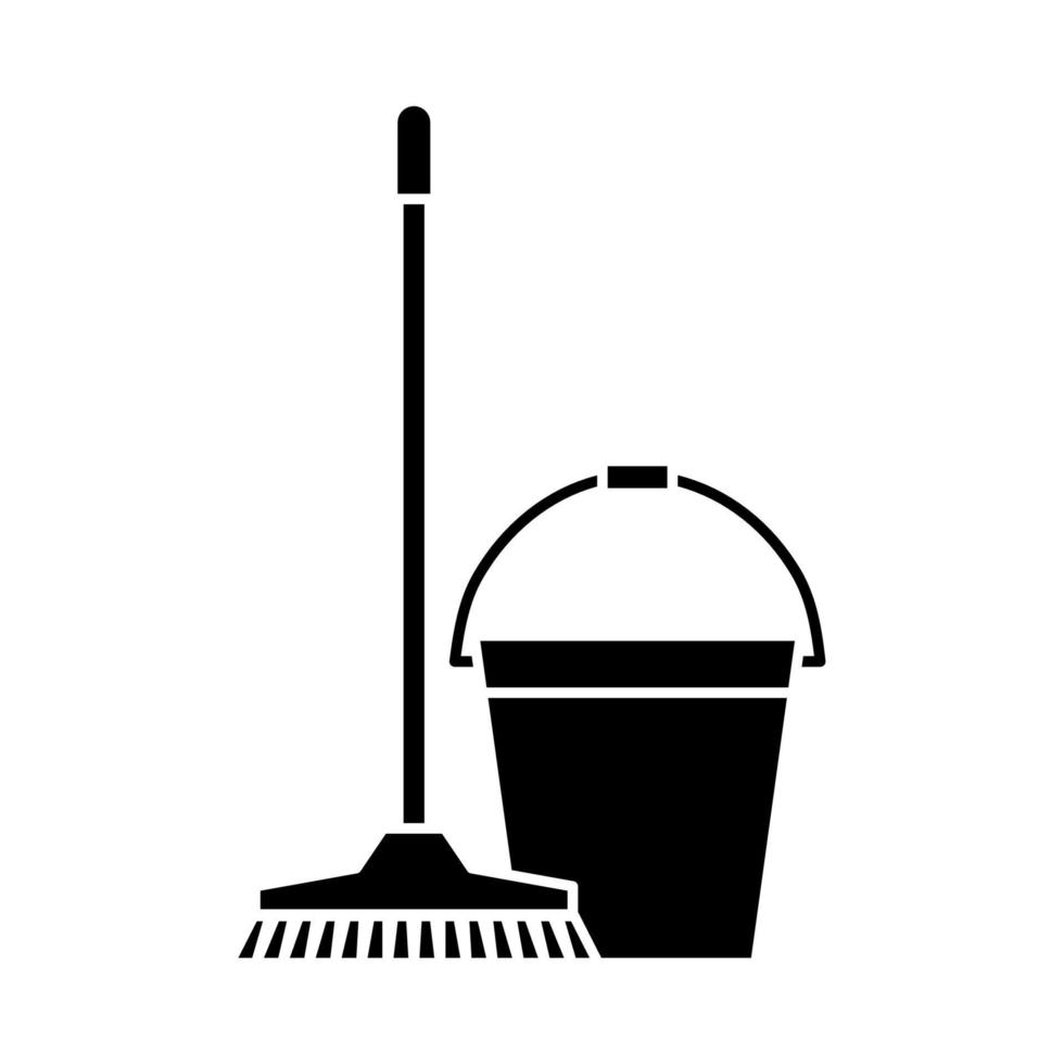 Mop and bucket, cleaning icons. Washing housekeeping equipment sign. Cleaning mop with bucket in glyph style vector