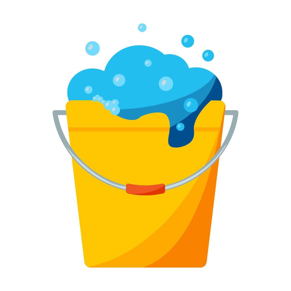 Bubble wash bucket icon. Color bucket with soap foam. Washing housekeeping equipment sign. Flat style sign suitable for web, infographics, interface and apps vector