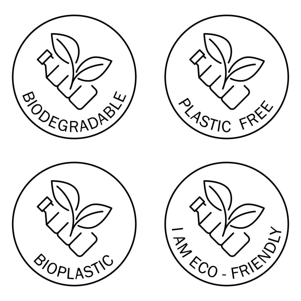 Plastic free icons. Biodegradable. Round symbol with bottle and leaves inside. Recycling plastic bottle. Eco friendly compostable material production. Zero waste, nature protection concept vector